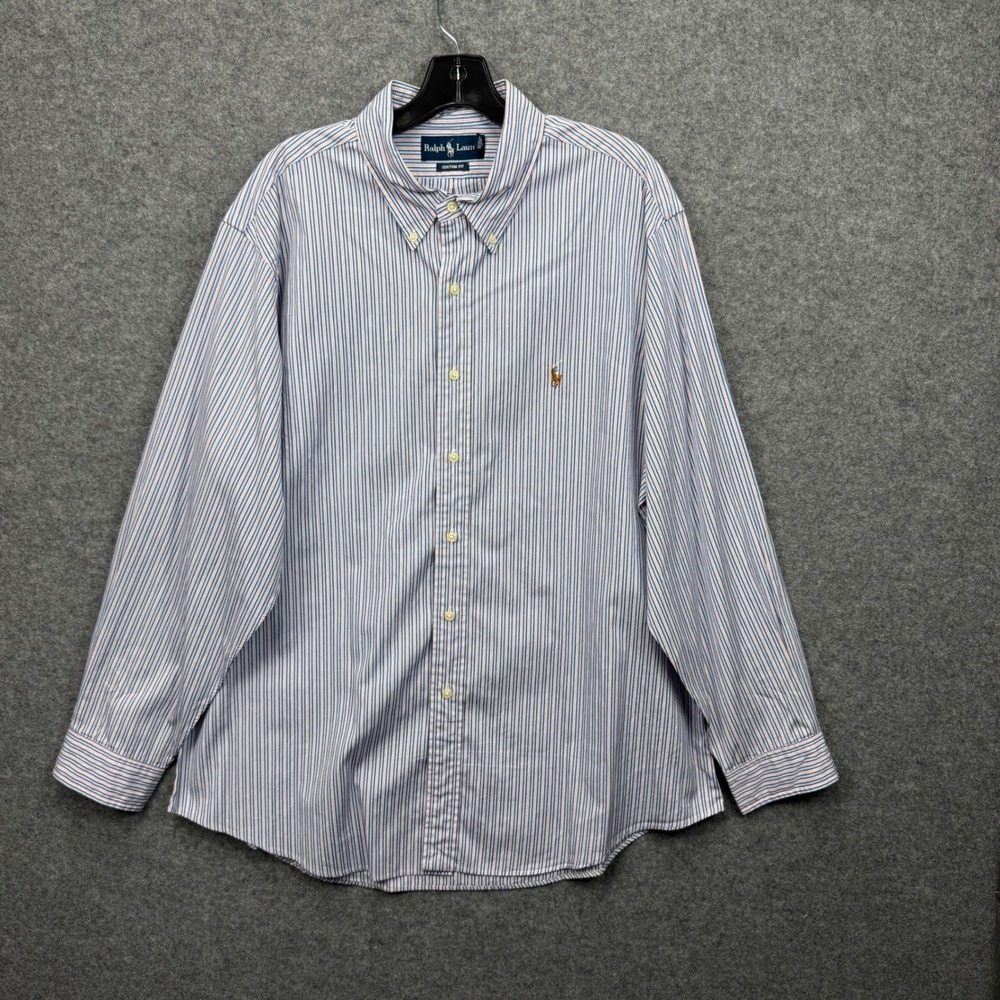 Ralph Lauren Mens Custom Fit Striped Button Down Shirt Blue Pink White 18 34/35